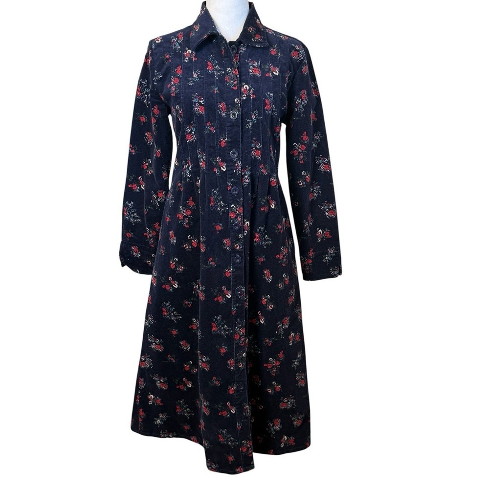 The Vermont Country Store Corduroy Shirt Dress Pintuck Navy Floral Farmhouse SM